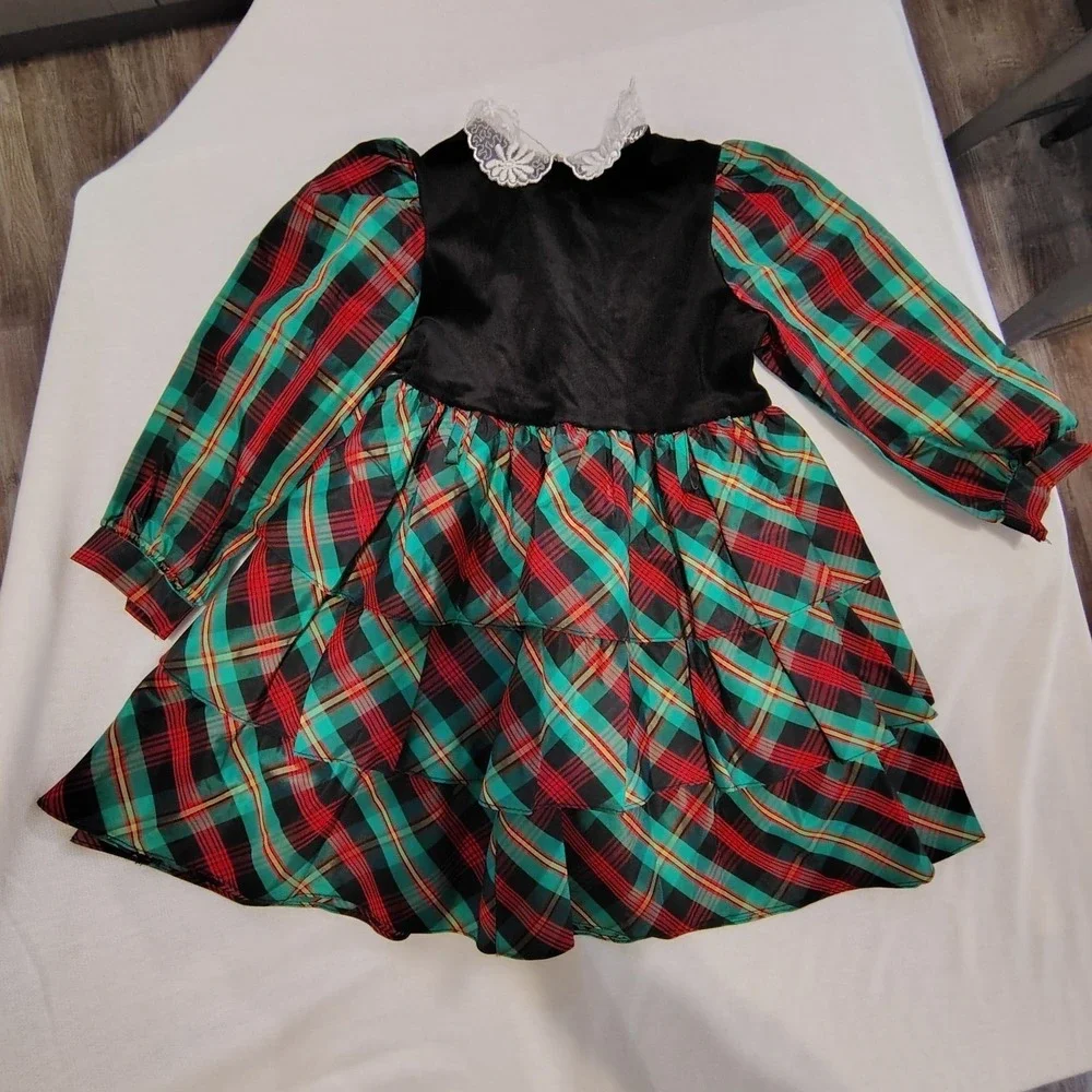 Vintage 1980s Martha's Too Girls‎ 4 Plaid Tiered Christmas Party Dress